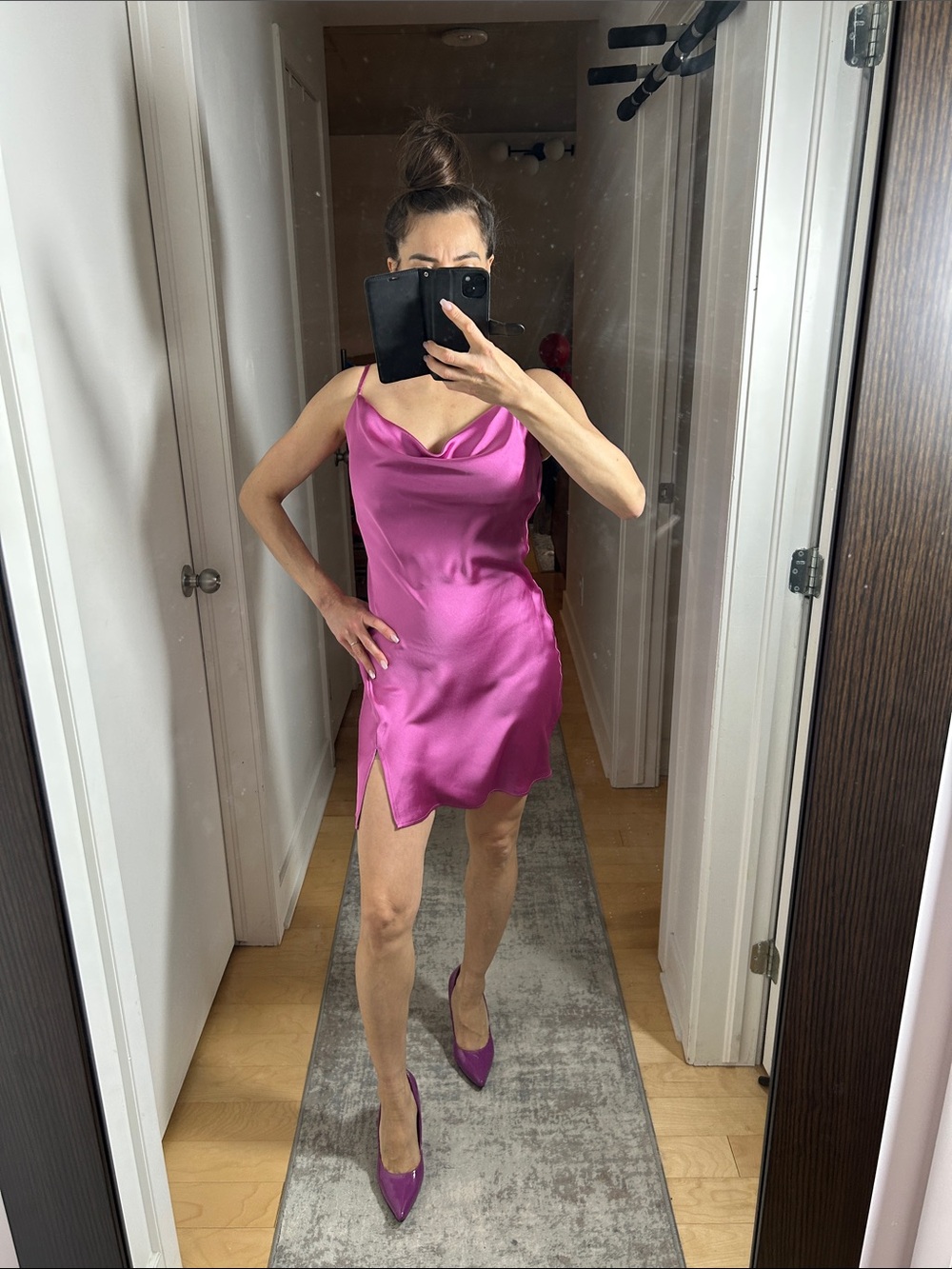 Dynamite Fuchsia Satin Slip Dress Cowl Neck Slit Mini Dress